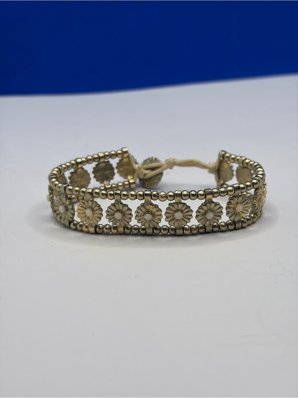 Gold Tone Daisy Flower Boho Button Closure Bracelet